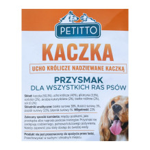 PETITTO Triušio ausis, įdaryta antiena - šunų skanėstas - 500 g PETITTO Triušio ausis, įdaryta antiena - šunų skanėstas - 500 g