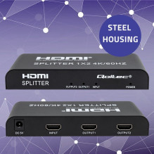 „Qoltec 51797“ aktyvus HDMI skirstytuvas, 2 x HDMI 4K x 2K, 6 Gb/s, 60 Hz „Qoltec 51797“ aktyvus HDMI skirstytuvas, 2 x HDMI 4K x 2K, 6 Gb/s, 60 Hz