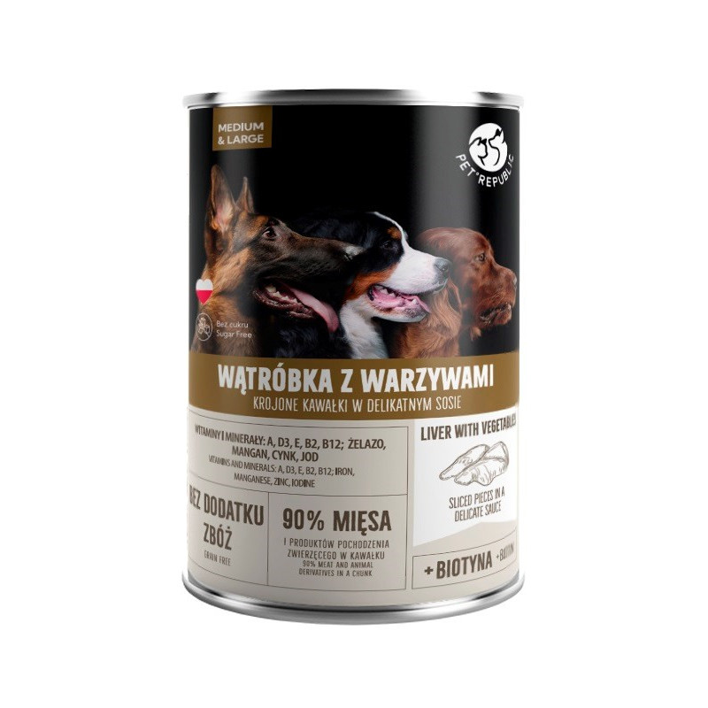 PET REPUBLIC šlapias šunų ėdalas suaugusioms vidutinėms ir didelėms kepenų veislėms su daržovėmis - 1250 g