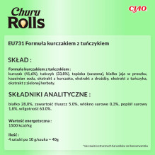 INABA Churu Rolls vištienos suktinukai su tuno receptu - kačių skanėstai - 4x10 g INABA Churu Rolls vištienos suktinukai su tuno receptu - kačių skanėstai - 4x10 g