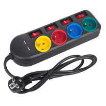 Maclean power strip, 4-socket extension cable + 2xUSB, with switches, 250VAC / 10A, 2.1A 5V, 1.5m, black, MCE229 B Maclean power strip, 4-socket extension cable + 2xUSB, with switches, 250VAC / 10A, 2.1A 5V, 1.5m, black, MCE229 B