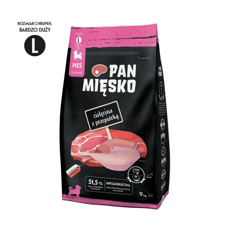 PAN MIĘSKO Veršiena su putpelėmis L - sausas šuniukų maistas - 9 kg