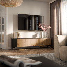 Cama MERCI RTV spintelė 200 x 40 x 54 cm juoda / ąžuolo imitacija, „artisan“