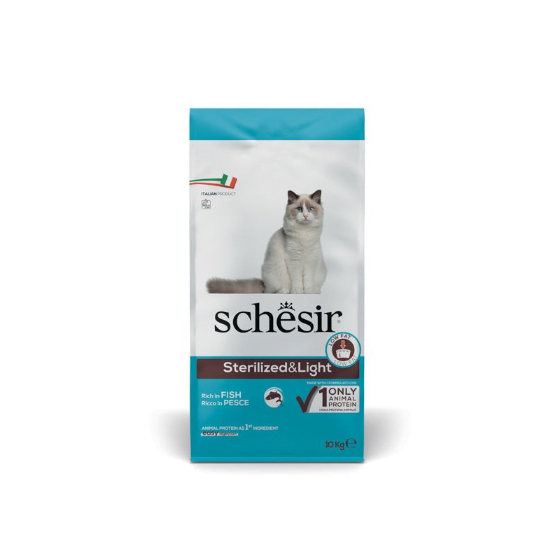 SCHESIR Sterilized Light sausas kačių ėdalas suaugusioms katėms, gausus žuvies, 10 kg