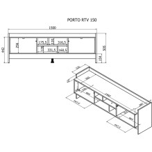 Cama RTV PORTO 2D spintelė 150x38x50 ąžuolas / juoda Cama RTV PORTO 2D spintelė 150x38x50 ąžuolas / juoda