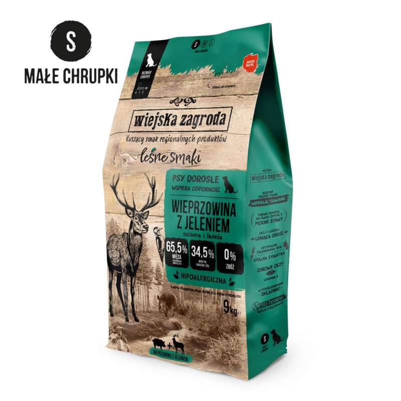 WIEJSKA ZAGRODA Miško skonio kiauliena su elniena Crunchy S - sausas šunų maistas - 9 kg