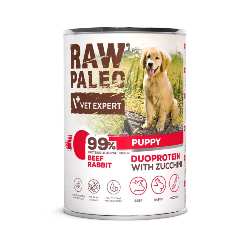 VETEXPERT Raw Paleo Duoprotein jautienos ir triušio šuniukų šlapias ėdalas - 400 g