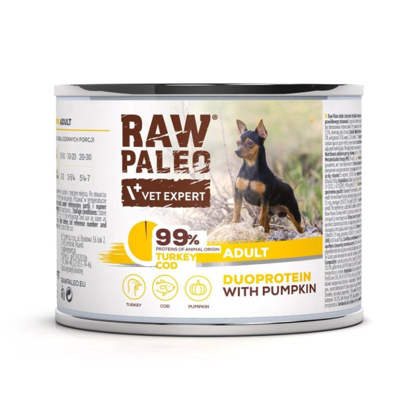 VETEXPERT Raw Paleo Duoprotein kalakutienos ir menkės suaugusiesiems - šlapias šunų ėdalas - 200 g