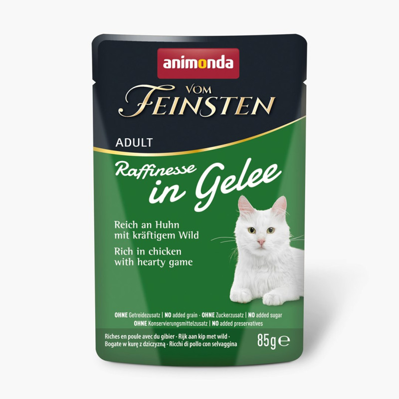 ANIMONDA Vom Feinsten Raffinesse suaugusiems želė su vištiena su žvėriena – Šlapias kačių maistas – 85 g