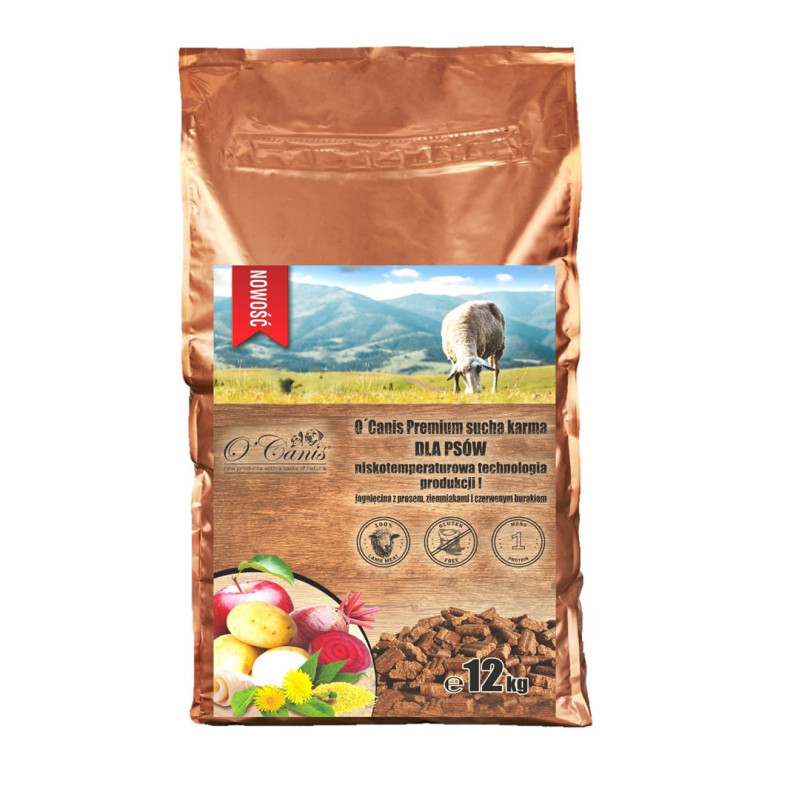 O'CANIS Premium ėrienos sausas šunų ėdalas su soromis, bulvėmis ir raudonaisiais burokėliais, 12 kg