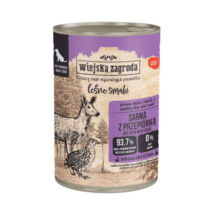 WIEJSKA ZAGRODA Miško skonio stirnos ir putpelės – šlapias šunų ėdalas – 400 g