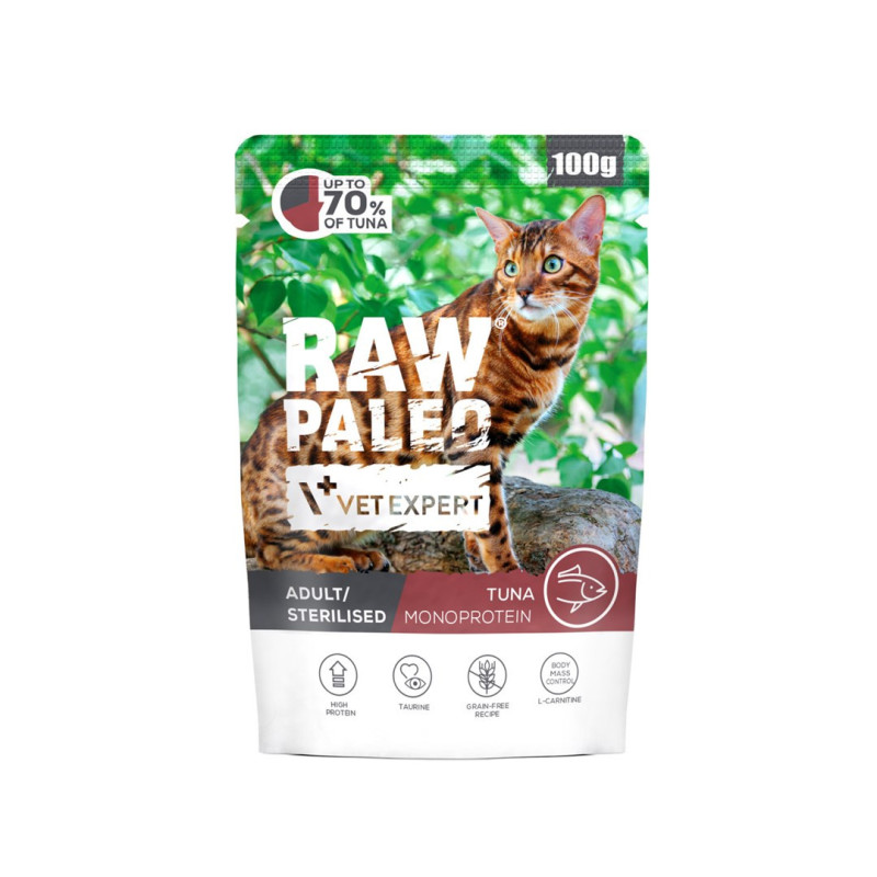 VETEXPERT Raw Paleo suaugusių sterilizuotų tunų šlapias kačių ėdalas - 100 g