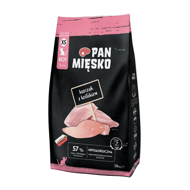 PAN MIĘSKO Vištienos ir triušio XS - sausas kačių ėdalas - 1,6 kg