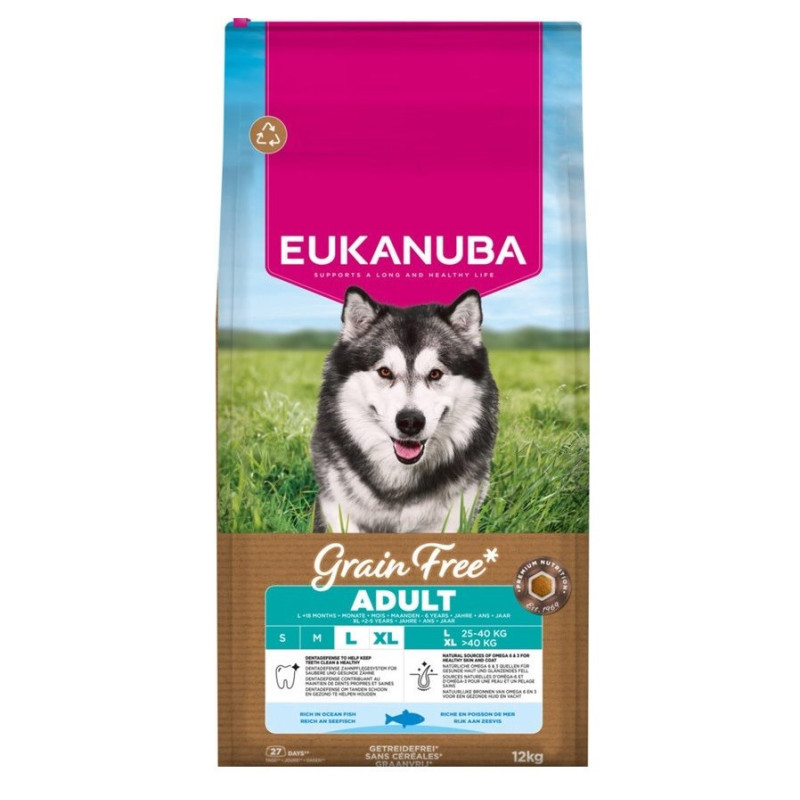 EUKANUBA sausas šunų ėdalas be grūdų dideliems suaugusiems šunims su vandenyno žuvimis, 12 kg