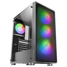„Mars Gaming MC-F Black“, ATX žaidimų pusiau bokšto formos, grūdinto stiklo langas, metalinis tinklelio priekis, 4 x 120