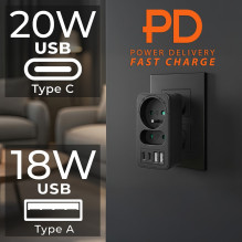 „Maclean“ srovės lizdas x2 + 4xUSB, skirstytuvas su 2 lizdais, 2xUSB A, 2xUSB C PD 20W, 1x16A + 1x6A, MCE249 F / B „Maclean“ srovės lizdas x2 + 4xUSB, skirstytuvas su 2 lizdais, 2xUSB A, 2xUSB C PD 20W, 1x16A + 1x6A, MCE249 F / B