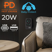 Maclean current socket x2 + 4xUSB, splitter with 2 sockets, 2xUSB A, 2xUSB C PD 20W, 1x16A + 1x6A, MCE249 F / B Maclean current socket x2 + 4xUSB, splitter with 2 sockets, 2xUSB A, 2xUSB C PD 20W, 1x16A + 1x6A, MCE249 F / B