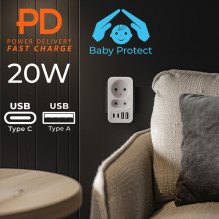 Current socket x2 + 4xUSB Maclean, splitter with 2 sockets, 2xUSB A, 2xUSB C PD 20W, 1x16A + 1x6A, MCE249 F / W