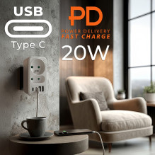 Current socket x2 + 4xUSB Maclean, splitter with 2 sockets, 2xUSB A, 2xUSB C PD 20W, 1x16A + 1x6A, MCE249 F / W