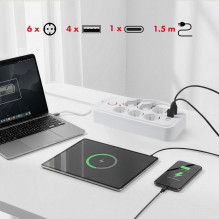 Maclean power strip, 6 socket extension + 4xUSB, 110-240V AC 50 / 60Hz, 2.1A max 2500W, 1.5 m, white, MCE389 W Maclean power strip, 6 socket extension + 4xUSB, 110-240V AC 50 / 60Hz, 2.1A max 2500W, 1.5 m, white, MCE389 W