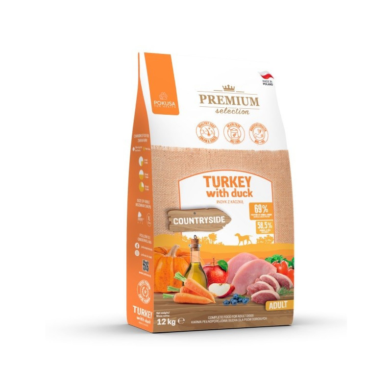 POKUSA Premium Selection suaugusių šunų sausas ėdalas kalakutiena ir antiena, 12 kg