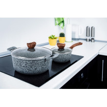 PROMIS puodų rinkinys GRANITE, puodas 16 cm, puodai 20, 24, 28 rudos rankenos