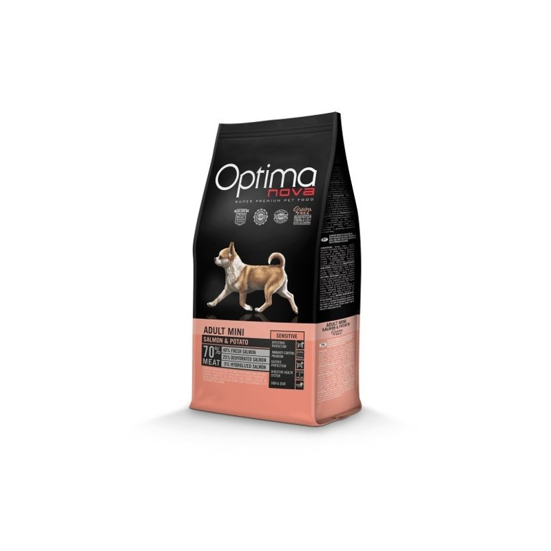 OPTIMANOVA sausas šunų ėdalas suaugusiems mini jautriai odai su lašiša ir bulvėmis, 2 kg