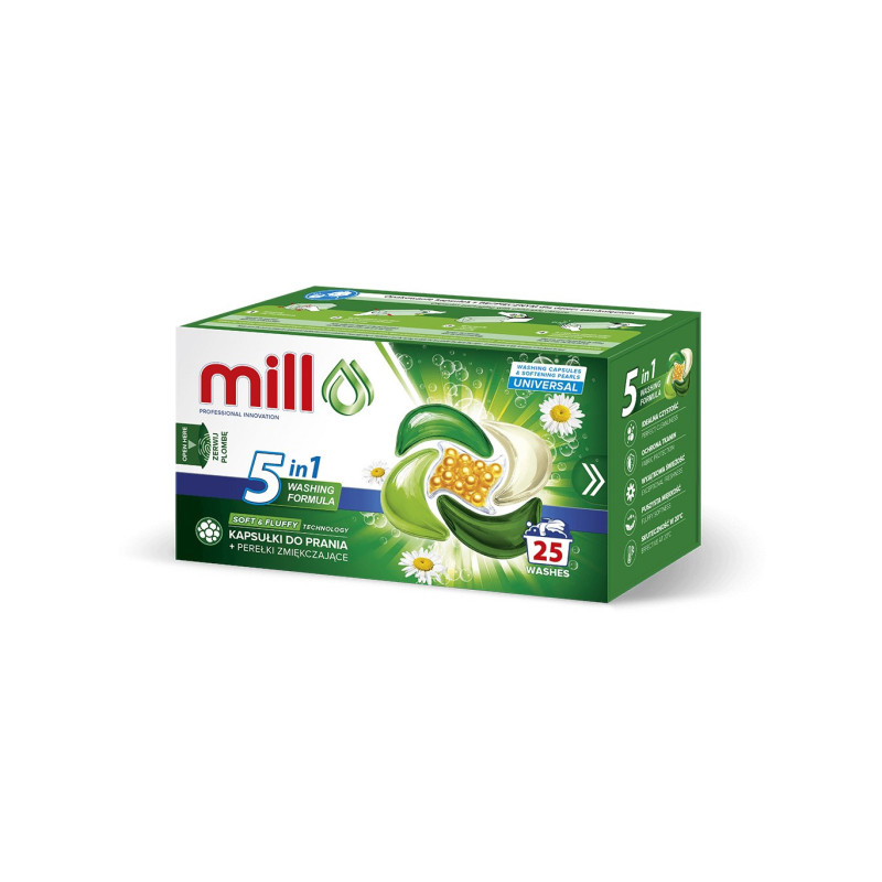 MILL PRO 5k skalbimo kapsulės + UNIVERSAL minkštinimo granulės, 25 vnt.