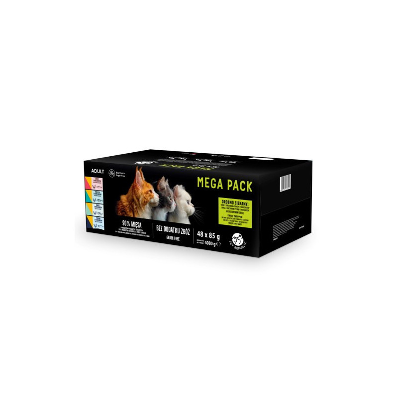 PETREPUBLIC Mega Pack lašiša, vištiena, tunas, menkė, upėtakis - šlapias kačių ėdalas - 48x85g