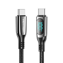 „Vention“ medvilninis pintas USB 2.0 C kištukas į C kištuką, 5A, su LED ekranu, 1,2 m, juodo cinko lydinio, tipas „Vention“ medvilninis pintas USB 2.0 C kištukas į C kištuką, 5A, su LED ekranu, 1,2 m, juodo cinko lydinio, tipas