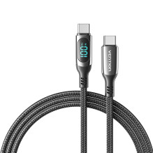 „Vention“ medvilninis pintas USB 2.0 C kištukas į C kištuką, 5A, su LED ekranu, 1,2 m, juodo cinko lydinio, tipas „Vention“ medvilninis pintas USB 2.0 C kištukas į C kištuką, 5A, su LED ekranu, 1,2 m, juodo cinko lydinio, tipas