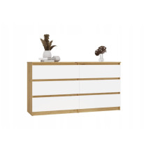 M6 MALWA komoda su 6 stalčiais, 140 cm, ąžuolo spalvos, „Artisan“ / balta