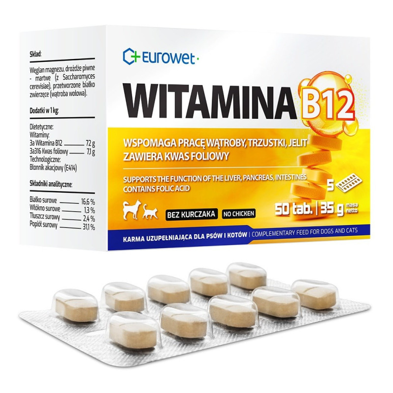 EUROWET vitamino B12 papildai šunims ir katėms - 50 tablečių