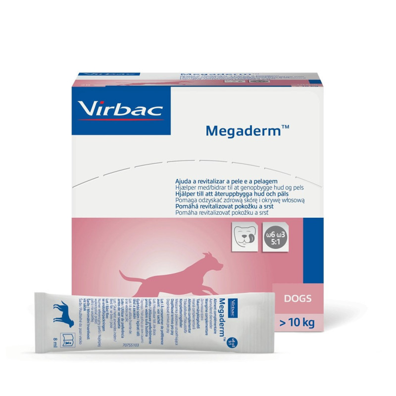 VIRBAC Megaderm riebalų rūgštys, palaikančios odą ir kailį – papildai šunims – 28 x 8 ml