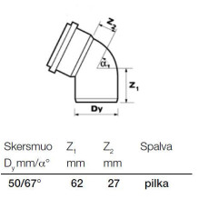 Vidaus kanalizacijos alkūnė Wavin, Ø 50 mm, 67° Vidaus kanalizacijos alkūnė Wavin, Ø 50 mm, 67°
