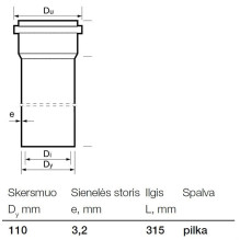 Vidaus kanalizacijos PVC vamzdis Wavin, Ø 110 mm, 0,315 m