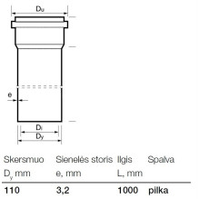 Vidaus kanalizacijos PVC vamzdis Wavin, Ø 110 mm, 1 m