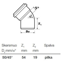 Vidaus kanalizacijos alkūnė Wavin, Ø 50 mm, 45° Vidaus kanalizacijos alkūnė Wavin, Ø 50 mm, 45°