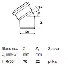 Vidaus kanalizacijos alkūnė Wavin, Ø 110 mm, 30° Vidaus kanalizacijos alkūnė Wavin, Ø 110 mm, 30°