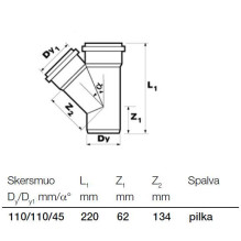 Vidaus kanalizacijos trišakis Wavin, Ø 110 / 110 mm, 45°