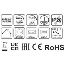 Įmontuojamas ilgintuvas Design Light, 2 vietos, USB A+C, 3 m Įmontuojamas ilgintuvas Design Light, 2 vietos, USB A+C, 3 m