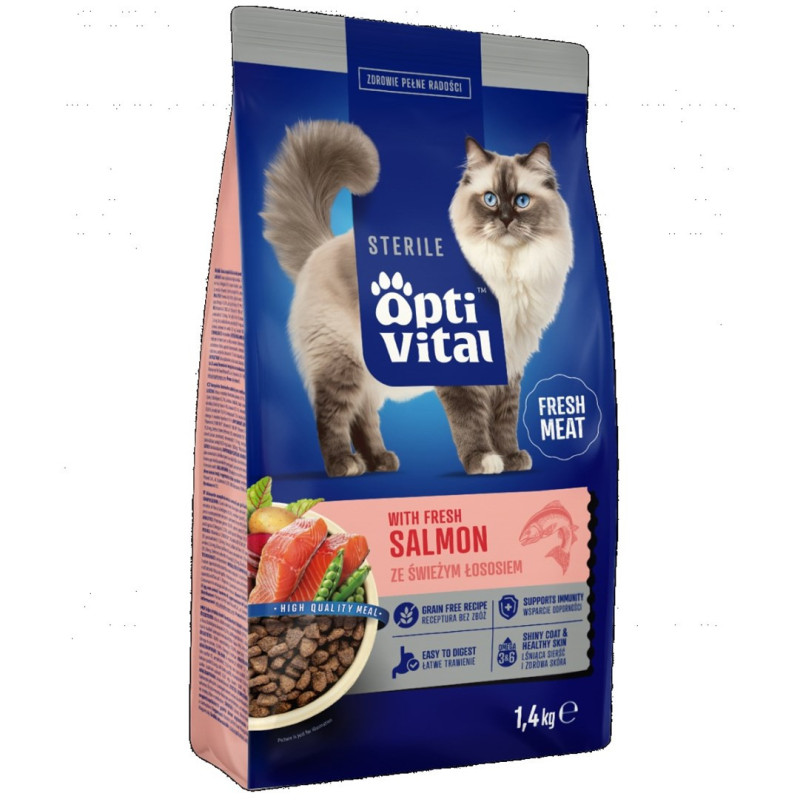 OPTIVITAL Sterile su šviežia lašiša - sausas kačių ėdalas - 1,4 kg
