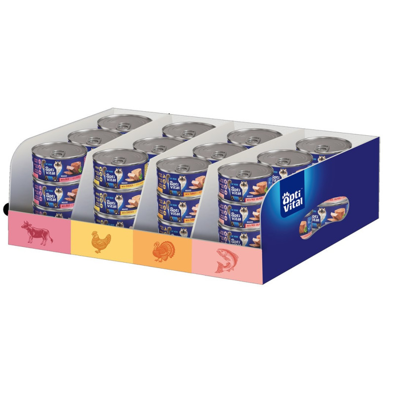 OPTIVITAL Mixcase jautienos, vištienos, kalakutienos, lašišos – šlapias kačių ėdalas – 36 x 85 g