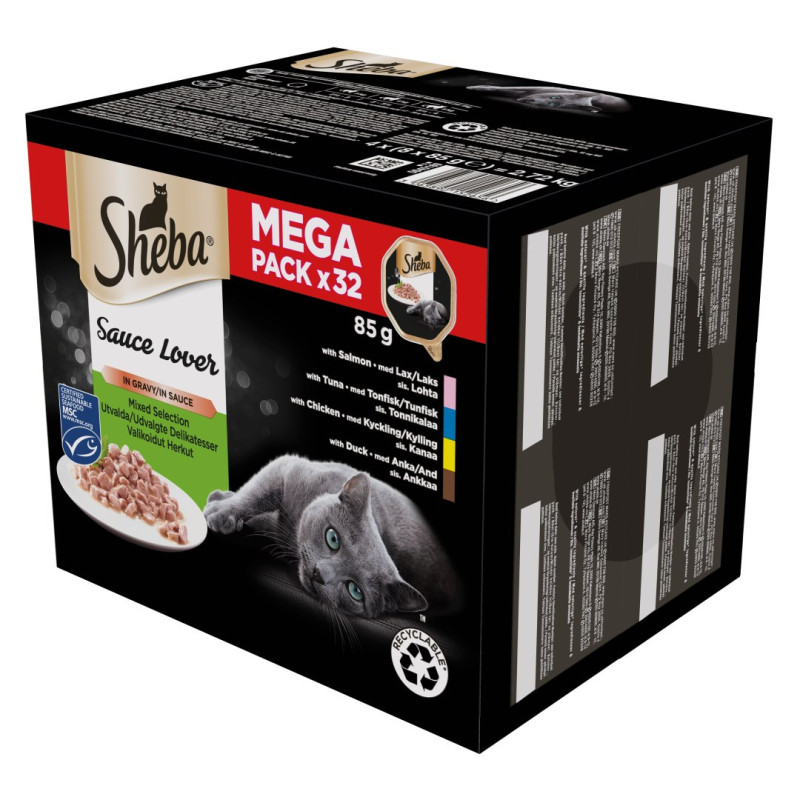 SHEBA Sauce Lover anties, vištienos, lašišos ir tuno šlapias kačių ėdalas - 32 x 85 g