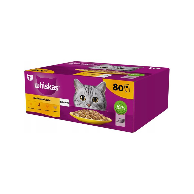 WHISKAS paukštienos puota drebučiuose - šlapias kačių ėdalas - 80 x 85 g