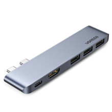 HUB Ugreen 60559 2x USB-C / USB-C PD (Thunderbolt 3, 100W, 4K 60 Hz, 10 Gbps) / HDMI 4K 30 Hz / 3x USB 3.0, skirta MacBo