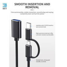 Riff V8 2 viename OTG kabelis, Type-C + Micro USB kištukas - USB 3.0 A tipo, juodas, 15,5 cm, OEM