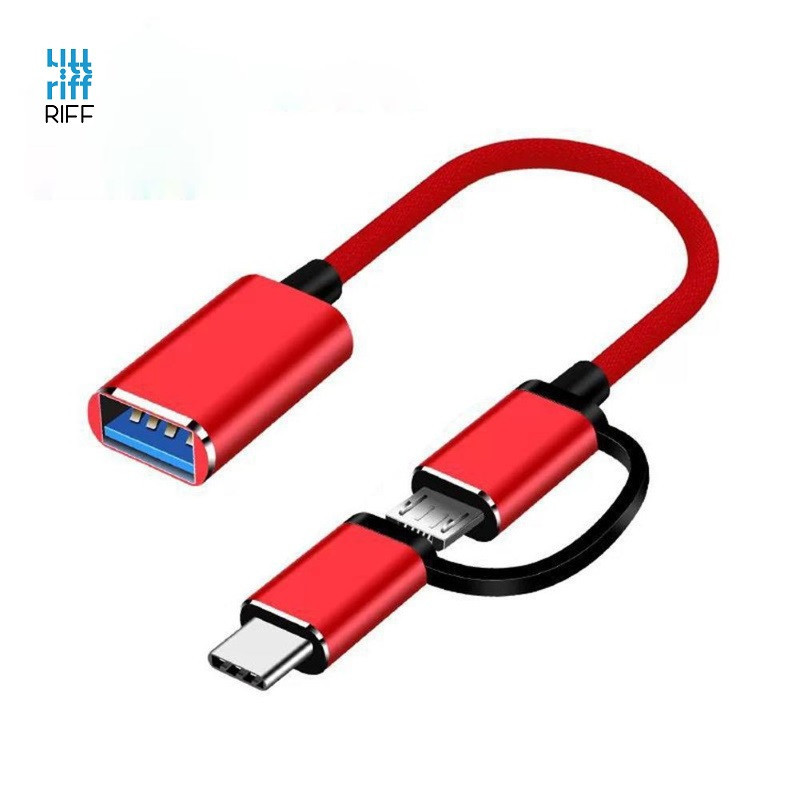 Riff V8 2 in 1 OTG kabelis, Type-C + Micro USB kištukas į USB 3.0, A tipo, raudonas, 15,5 cm, OEM
