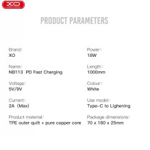 XO NB113 patvarus TPE universalus USB-C (Type-C) į Lightning PD duomenų ir greito įkrovimo laidas 2.4A, 1 m, baltas