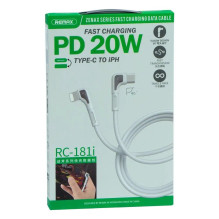 Remax RC-181i kampinis patvarus duomenų ir greito įkrovimo laidas PD 20W 3A USB-C į Lightning 1m baltas Remax RC-181i kampinis patvarus duomenų ir greito įkrovimo laidas PD 20W 3A USB-C į Lightning 1m baltas